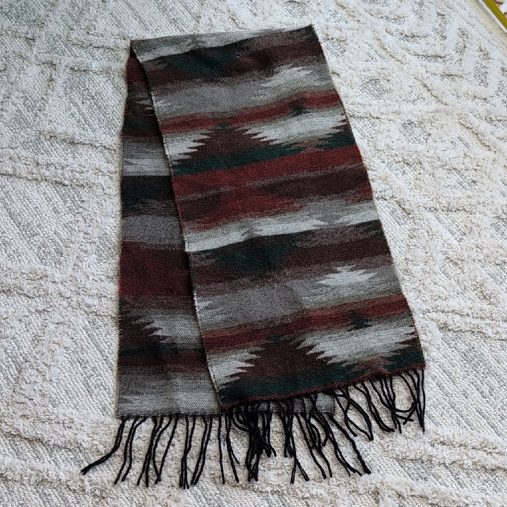 Vintage Southwestern Fringe Scarf Aztec Pattern Berkshire Wool Blend